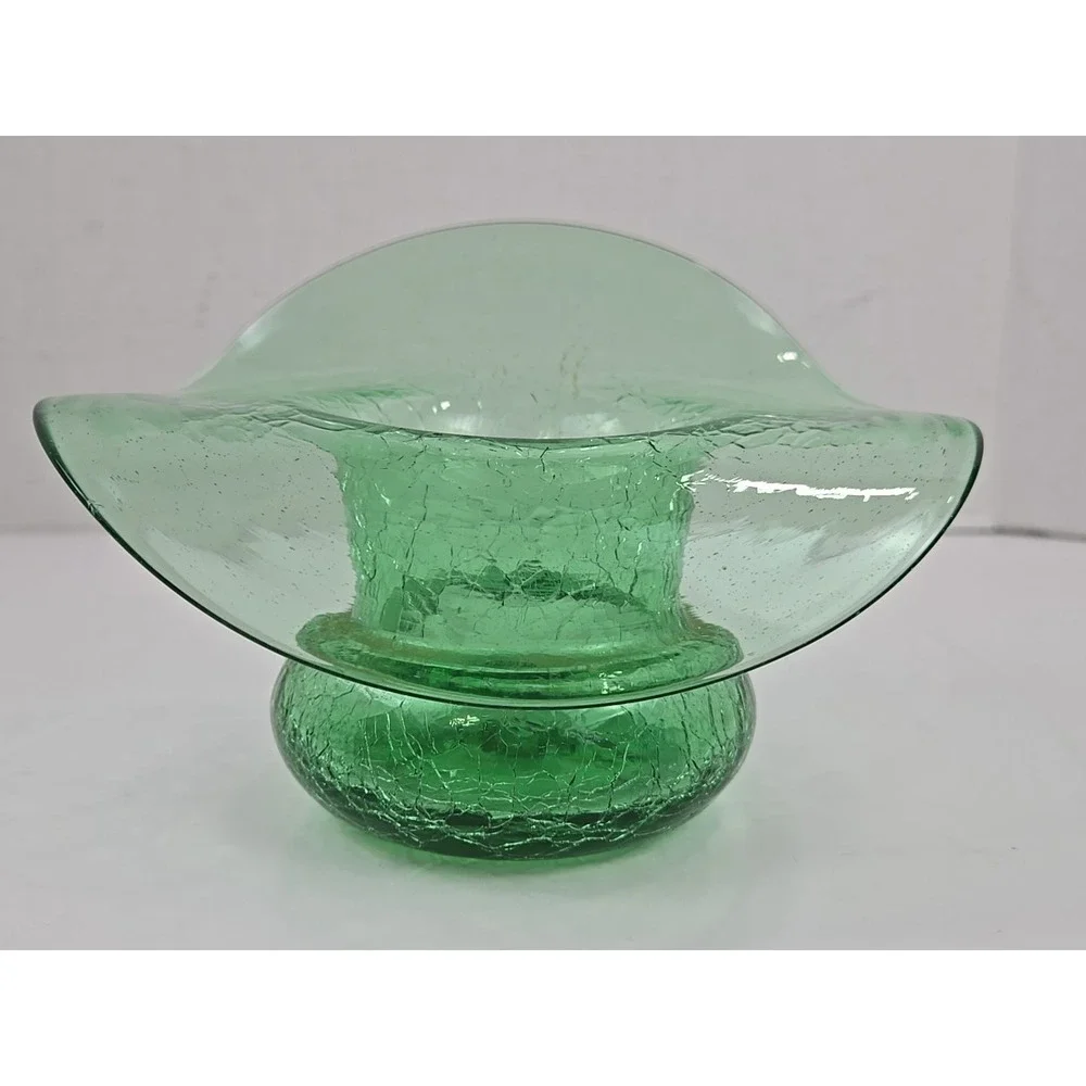Elegant Blenko? Jack In the Pulpit Green Crackle Blown Art Glass Vase w Pontil